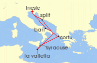 Cruise itinerary map for Costa Cruises 7 Night Mediterranean from Trieste (129801)