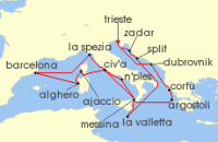 Cruise itinerary map for Cunard Line 21 Night Mediterranean (137928)