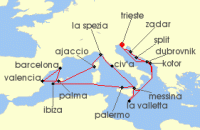 Cruise itinerary map for Cunard Line 21 Night Mediterranean And Adriatic (134916)