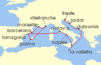 Cruise itinerary map for Cunard Line 14 Night Adriatic And Western Mediterranean (124332)