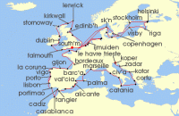 Cruise itinerary map for Oceania Cruises 66 Night Springing Into Summer Trieste to London (138190)