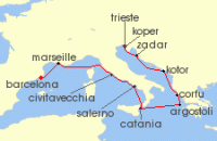 Cruise itinerary map for Oceania Cruises 11 Night Treasures Through Time Trieste to Barcelona (138155)