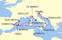 Cruise itinerary map for Cunard Line 14 Night Mediterranean And Croatia (134921)