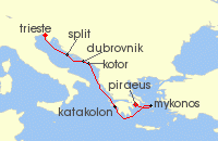 Cruise itinerary map for Regent Seven Seas Cruises 7 Night Path Of The Ancients Trieste To Athens (Piraeus) (123554)