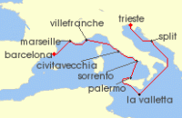 Cruise itinerary map for Virgin Voyages 9 Night Atlantis Venice To Barcelona Cruise (142483)