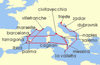 Cruise itinerary map for Cunard Line 21 Night Adriatic And Western Mediterranean (124333)