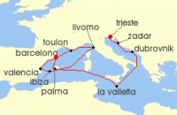 Cruise itinerary map for Cunard Line 14 Night Adriatic And Western Mediterranean (118605)