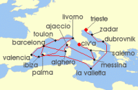 Cruise itinerary map for Cunard Line 21 Night Adriatic And Western Mediterranean (125755)