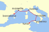 Cruise itinerary map for MSC Cruises 5 Night Mediterranean (142293)