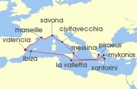 Cruise itinerary map for Costa Cruises 13 Night Eastern Mediterranean from Valencia (143255)