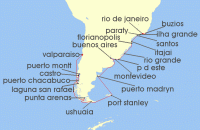 Cruise itinerary map for Oceania Cruises 33 Night Captain Drakes Crossroads Valparaiso to Rio de Janeiro (132887)