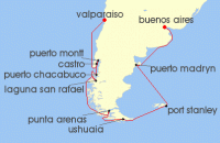 Cruise itinerary map for Oceania Cruises 21 Night Southern Fjords & Glaciers Valparaiso to Buenos Aires (132890)