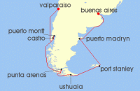 Cruise itinerary map for Silversea Cruises 17 Night Valparaiso To Buenos Aires (132516)