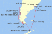 Cruise itinerary map for Azamara Cruises 23 Night Cruise Chile, Antarctica & Falkland Islands Cruise: Chilean Fjords, Ushuaia & Montevideo (140010)