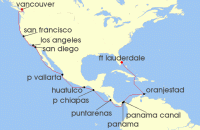 Cruise itinerary map for Princess Cruises 22 Night Panama Canal & Pacific Coast (127977)