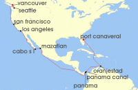 Cruise itinerary map for Princess Cruises 23 Night Panama Canal & Pacific Coast (140964)
