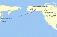 Cruise itinerary map for Oceania Cruises 16 Night Glaciers & Shrines Vancouver to Tokyo (138568)