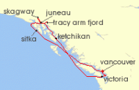 Cruise itinerary map for Princess Cruises 9 Night Inside Passage (Roundtrip Vancouver) (137385)