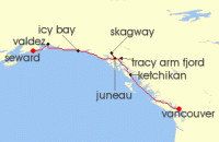Cruise itinerary map for Silversea Cruises 7 Night Vancouver To Seward (Anchorage, Alaska) (140121)