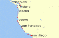 Cruise itinerary map for Crystal Cruises 7 Night North America & Canada - Vancouver To San Diego (135721)