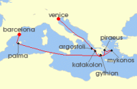 Cruise itinerary map for Regent Seven Seas Cruises 10 Night Heavenly Mediterranean Islands Venice (Fusina) To Barcelona (136283)