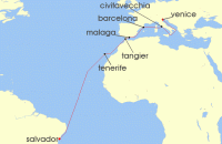 Cruise itinerary map for MSC Cruises 17 Night MSC Grand Voyages (139645)