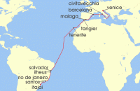 Cruise itinerary map for MSC Cruises 22 Night MSC Grand Voyages (139604)