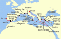 Cruise itinerary map for Azamara Cruises 39 Night Cruise Venice To Lisbon Grand Voyage (140538)