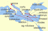 Cruise itinerary map for Azamara Cruises 24 Night Cruise Turkey, Egypt & Italy Cruise: Ephesus, Alexandria & Amalfi Coast (140539)