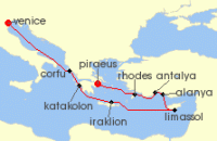 Cruise itinerary map for Azamara Cruises 11 Night Cruise Greece, Cyprus & Turkey Cruise: Rhodes, Limassol & Antalya (140551)