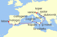 Cruise itinerary map for Silversea Cruises 14 Night Fusina (Venice) To Lisbon (140920)