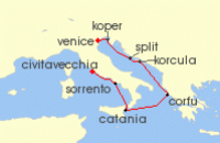 Cruise itinerary map for Oceania Cruises 7 Night Venetian Strongholds Venice to Rome (137640)
