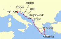 Cruise itinerary map for Azamara Cruises 9 Night Cruise Croatia, Montenegro & Greece Cruise: Dubrovnik, Kotor & Athens (134249)