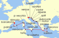 Cruise itinerary map for Azamara Cruises 21 Night Cruise Italy & Spain Cruise: Dubrovnik, Mykonos & Valletta (134461)