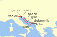 Cruise itinerary map for Silversea Cruises 9 Night Fusina (Venice) To Fusina (Venice) (141059)