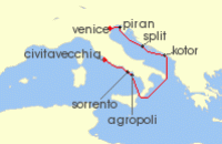 Cruise itinerary map for Silversea Cruises 7 Night Fusina (Venice) To Civitavecchia (Rome) (140901)