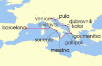 Cruise itinerary map for Oceania Cruises 10 Night Dalmatian & Italian Gems Venice to Barcelona (126684)