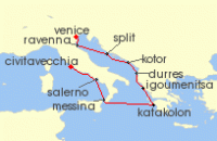 Cruise itinerary map for Oceania Cruises 10 Night O Sole Mio Venice to Rome (138498)