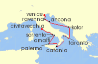 Cruise itinerary map for Azamara Cruises 10 Night Cruise Italy Intensive Cruise: Venice, Sicily & Amalfi (134447)