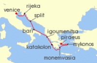 Cruise itinerary map for Regent Seven Seas Cruises 10 Night Romantic Respites In Greece Venice (Fusina) To Athens (Piraeus) (136077)