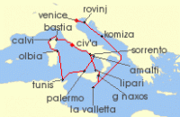 Cruise itinerary map for Seabourn 16 Night Croatia, Malta, Italy, France & Tunisia (137136)