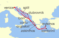 Cruise itinerary map for Costa Cruises 14 Night Eastern Mediterranean from Marghera / Venice (140333)