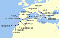 Cruise itinerary map for Oceania Cruises 21 Night Canals, Canaries & Colosseum Venice to Lisbon (138783)