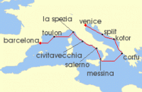 Cruise itinerary map for Oceania Cruises 9 Night Venetian & Roman Revelry Venice to Barcelona (138333)
