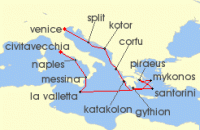 Cruise itinerary map for Regent Seven Seas Cruises 14 Night Canals & Classics Venice (Fusina) To Rome (Civitavecchia) (136480)