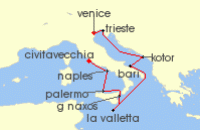 Cruise itinerary map for Silversea Cruises 10 Night Fusina (Venice) To Civitavecchia (Rome) (132017)