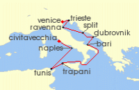 Cruise itinerary map for Silversea Cruises 11 Night Fusina (Venice) To Civitavecchia (Rome) (140218)