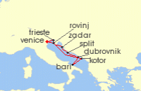 Cruise itinerary map for Silversea Cruises 9 Night Fusina (Venice) To Fusina (Venice) (141060)