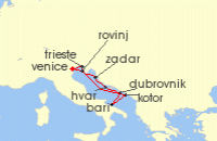 Cruise itinerary map for Silversea Cruises 9 Night Fusina (Venice) To Fusina (Venice) (126931)