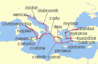 Cruise itinerary map for Windstar Cruises 24 Night Star Collector: Coastlines of Antiquity: Italy, Croatia, and Greece (123910)